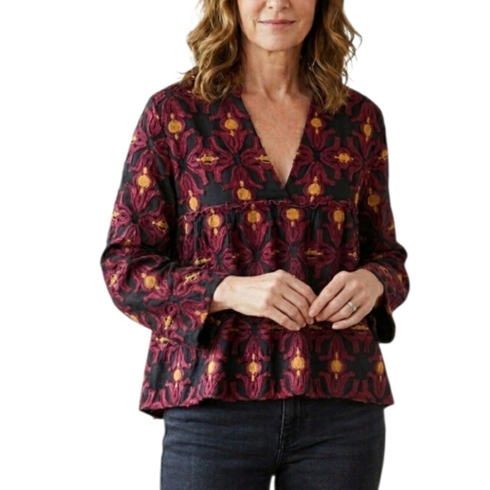 Vivienne Tam Fall 2016 "Silk Road" 3D Embroidery Peplum Top - Burgundy Gold - M